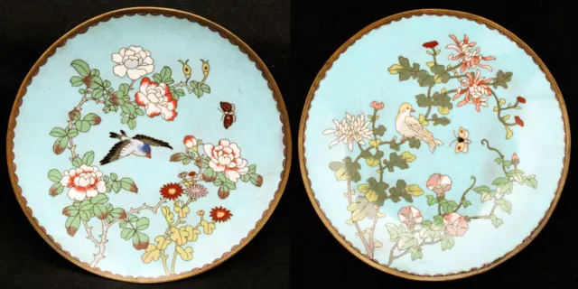 Antique Pair of Japanese Cloisonne Shippo Plates Bird Flowers Dove Charger Japan