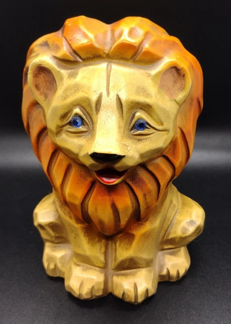 Vintage Mid Century Napcoware Lion Coin Bank Blue Rhinestone Eyes