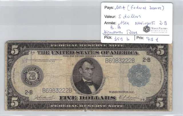 USA - 5 Dollar 1914 New York 2B BB Federal Reserve Unterschriften Selten