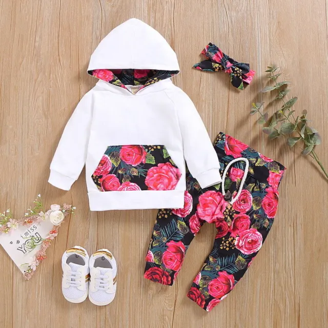 3PCS Newborn Baby Girls Clothes Floral Hooded Tops Pants Outfits Set Tracksuit