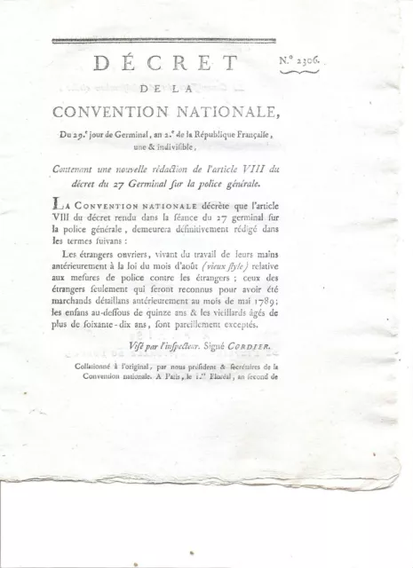 DECRET DE LA CONV. NATIONALE/ an 2/ décret du 27 Germinal sur la police générale