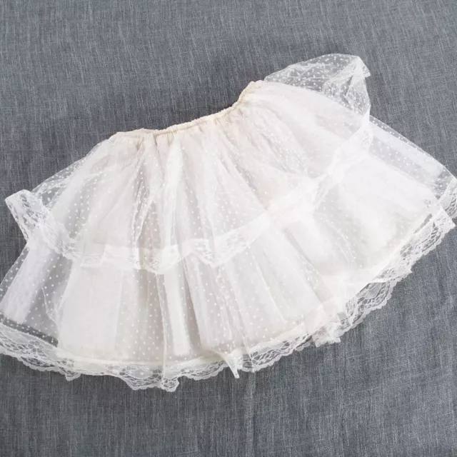 Vintage Girls Skirt White Flocked Polka Dots Sheer Frilly Layers of Lace Puffy