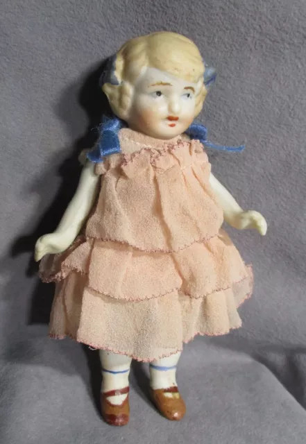 Vintage Mini 5.5" Bisque Doll - in Pink Ruffle Dress - Jointed Arms, Legs -Japan