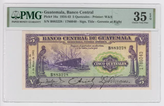 Guatemala 5 Quetzales 1942 P16a 35 EPQ Rare Sig Key Currency Bill Bird Boat