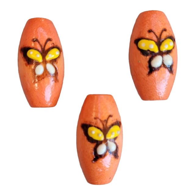 VINTAGE MACRAME Wooden Beads Set of 3 Butterfly Hand Painted Orange Yellow 2"