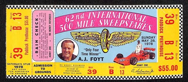1978 Indy 500 A.J. Foyt Paddock Penthouse Ticket Stub - Ron Burton Estate