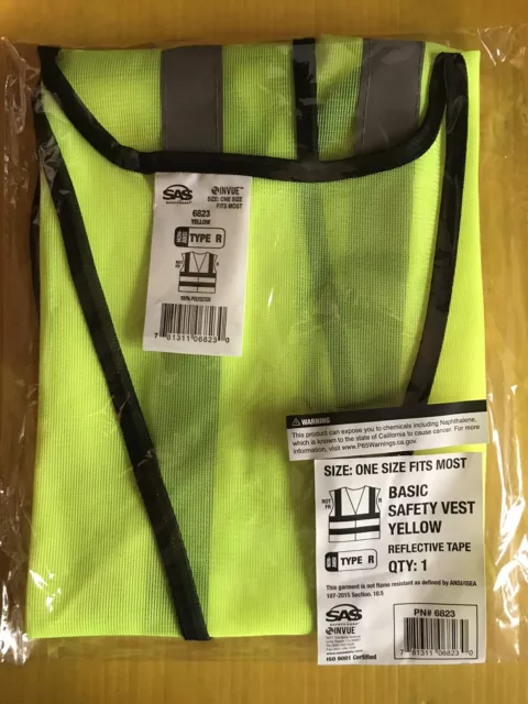 SAS Yellow Type R Basic Safety Vest NIP One Size Fits Most Reflective Tape OSHA