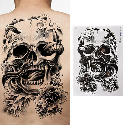 EV_2x Impermeable Negro Aterrador Calavera Tatuaje Temporal Brazo Grande Cuerpo Arte TattoH'$g