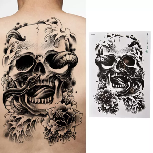 EV_2x Waterproof Black Scary Skull Temporary Tattoo Large Arm Body Art TattoH'EL