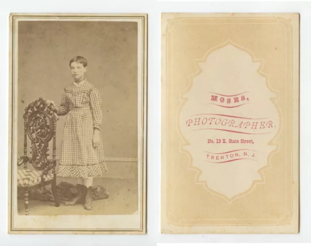 Cdv Studio Portrait Young Lady W/ Short Hair + Chair From Trenton, Nj, By Moses