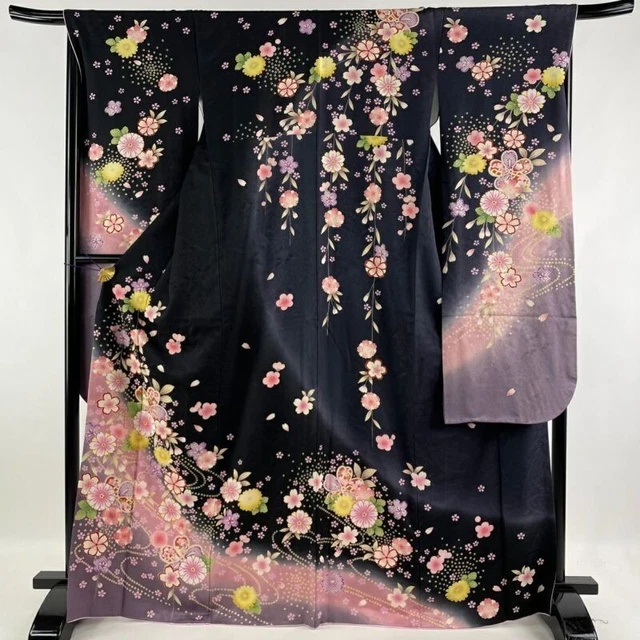 Woman Japanese Kimono Furisode Silk CherryBlossom Stream Gold Embroidery Black