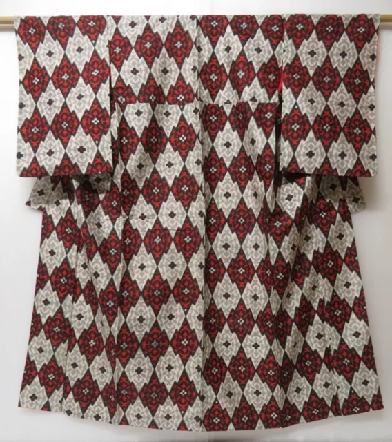 2328T05z680 Vintage Japanese Kimono Silk MEISEN KOMON  Light gray