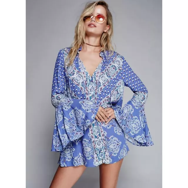 Free People Magic Mystery Sky Blue Boho Bell Sleeve Tunic Top Dress Medium