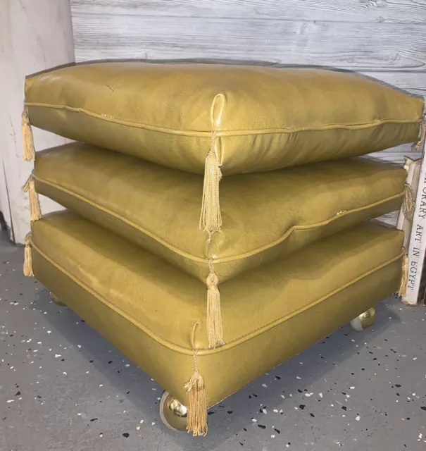 VINTAGE MCM STACKED CUSHIONS ROLLING 3 tassle YELLOW FOOTSTOOL OTTOMAN 1950’s