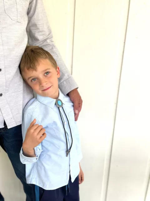 KIDS BOLO TIE - Small - Turquoise Silver - Black Leather Cowboy Necktie ...