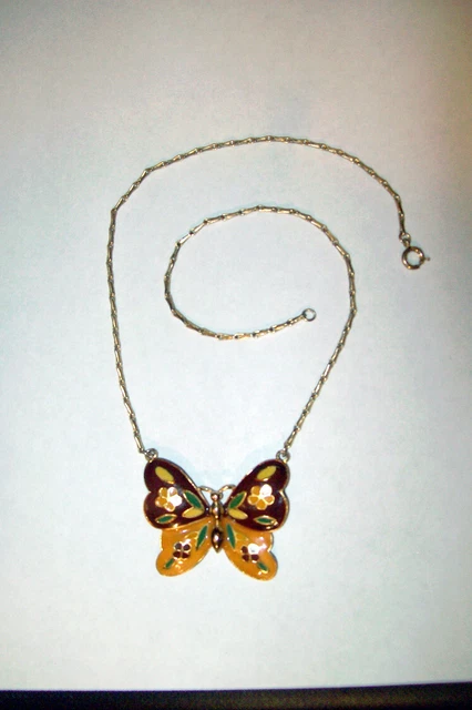 Vintage CLOISONNÉ Pendant Necklace BUTTERFLY with Flowers & petals, Autumn theme