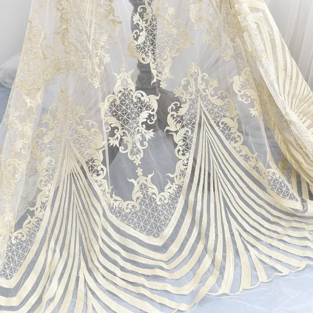 Light Gold Embroidery Wedding Gown Lace Fabric Costume Dress Tulle DIY Trim 0.5M