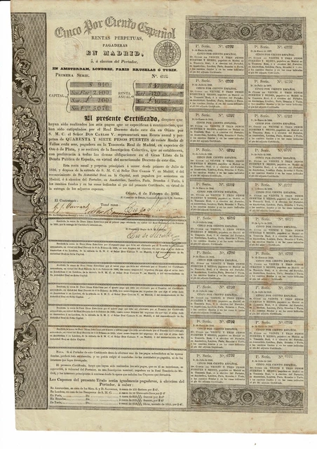 Cinco Por Ciento Español - Oñate 1836 - Rentas Perpetuas Cinco Por Ciento Español - Oñate 1836 - Rentas Perpetuas