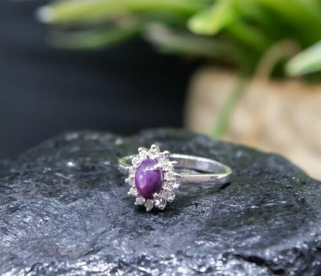 Star Sapphire Ruby Diamond Ring Silver Fine Precious Gemstone Ring Gift For Her