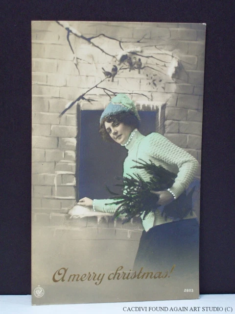 Real Photo Postcard German Girl Merry Christmas Tree Birds Germany RPPC Vtg
