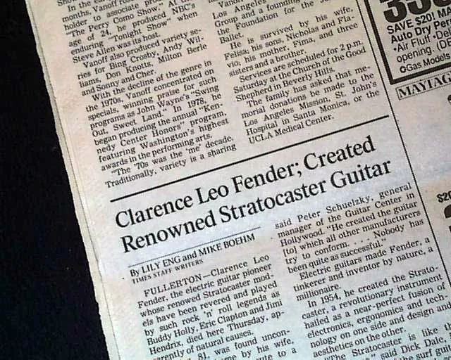 LEO FENDER Stratocaster Electric Guitar & Music Man Founder DEATH 1991 Newspaper