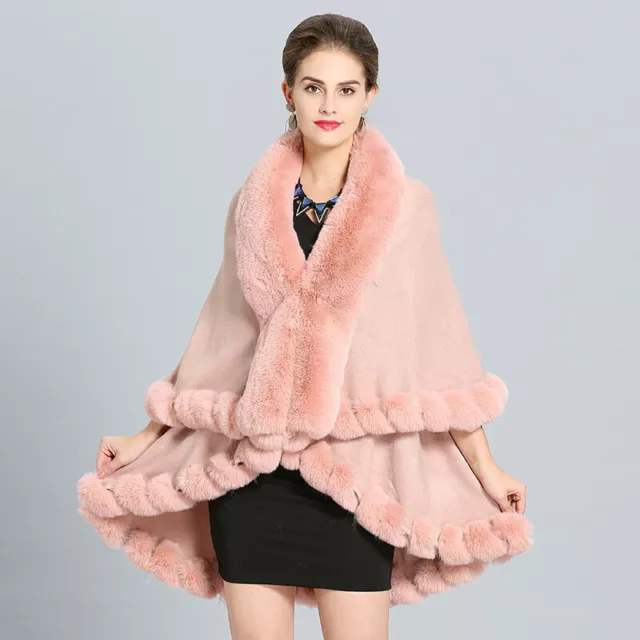 Womens Party Chic Poncho Stole Shawl Jacket Winter Warm Faux Fox Fur Collar Cape