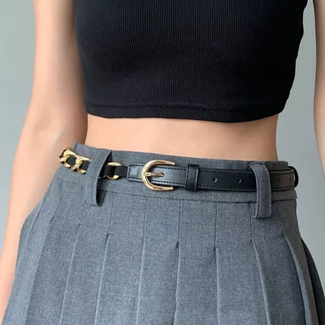 Luxury Design Metal Chain Leather Belt Versatile Jeans Belt