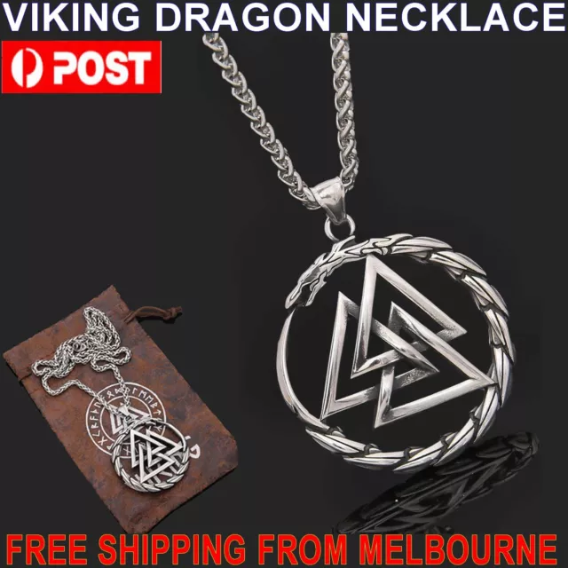 Vintage Viking Valknut Dragon Pendant Necklace Stainless Steel Men Gift