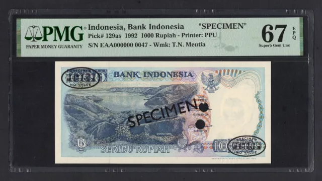 Indonesia 1000 Rupiah 1992 P129as "Specimen" Uncirculated Grade 67 Top Pop