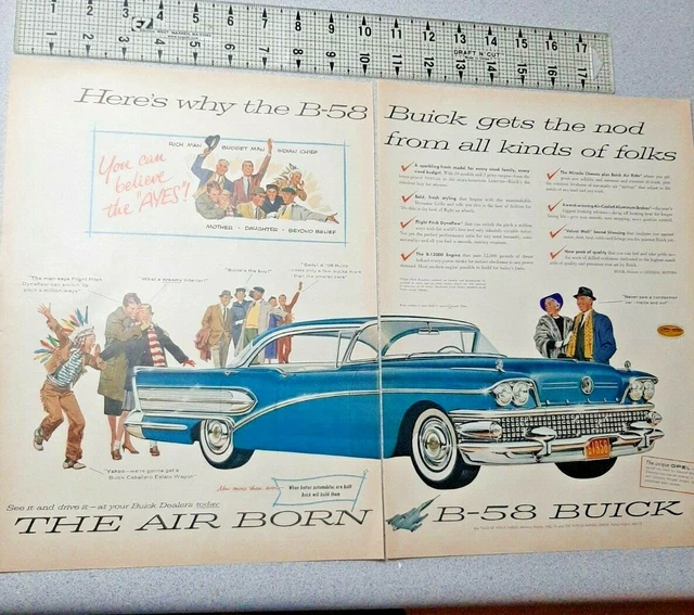 1958 Buick Vintage Print 2 Page Ad B-58 Air Born Dreamy Interior Budget Rich GM