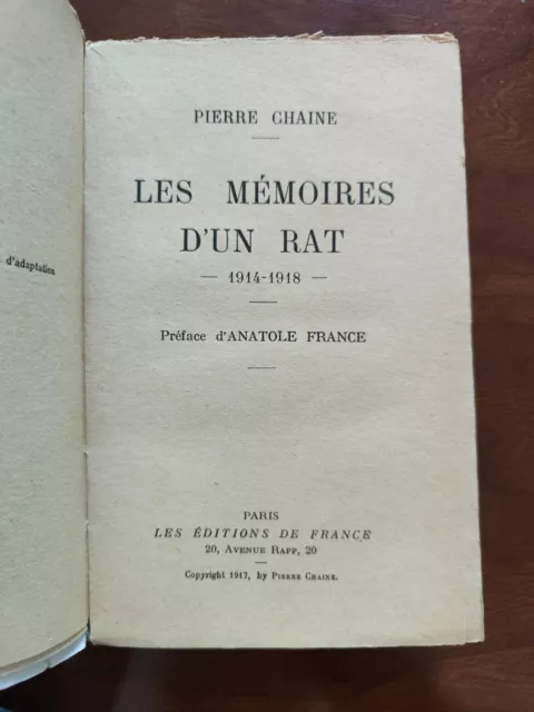 Les mémoires d'un rat 1914-1918 de P. Chaine préface Anatole FRANCE 1934 H1 2