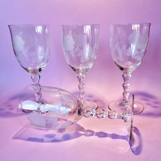 4 Wine Glasses. Rose Etched Vintage Glasses. Beaded Stems.