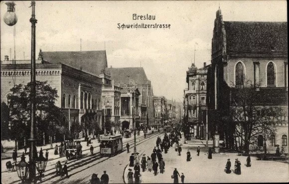 Ak Wrocław Breslau Schlesien, Schweidnitzerstraße, Straßenbahn - 10407710