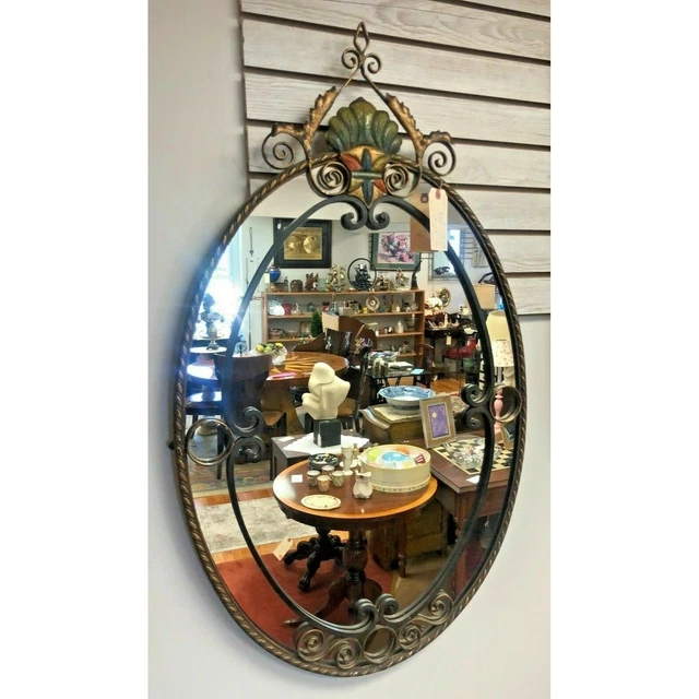 Antique Art Nouveau Floral Wrought Iron Oval Wall Mirror