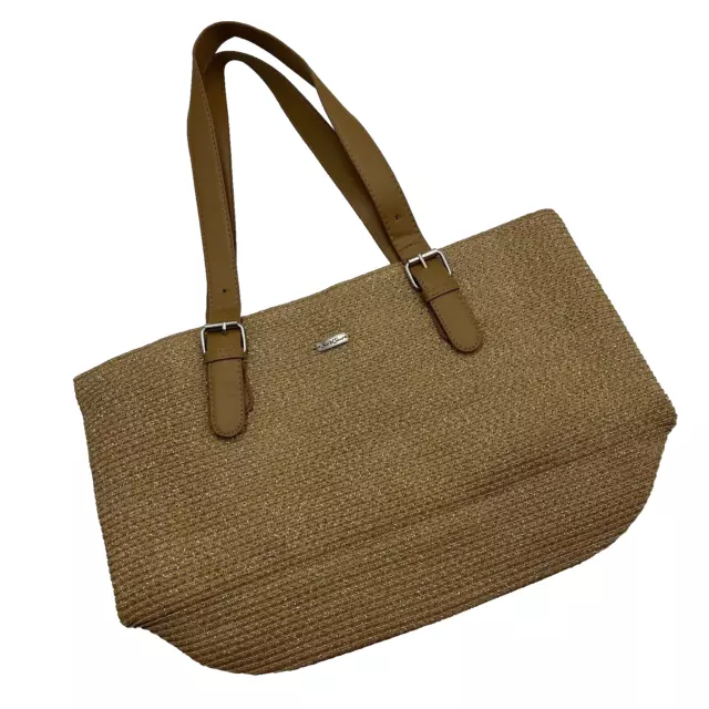 SUN ‘N’ SAND Handbag Shoulder Bag Tote Lt Brown Gold Sparkle Adjustable Straps