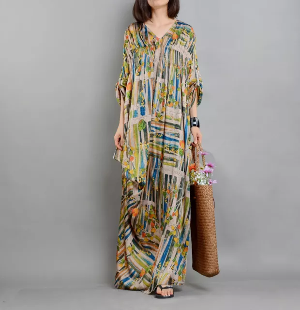 Vintage Womens Real Silk Floral Long Dress Loose Oversize V-Neck Robe Kaftan Hot