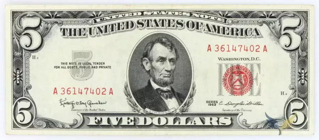 1963 $5 Legal Tender Notes Red Seal Fr 1536