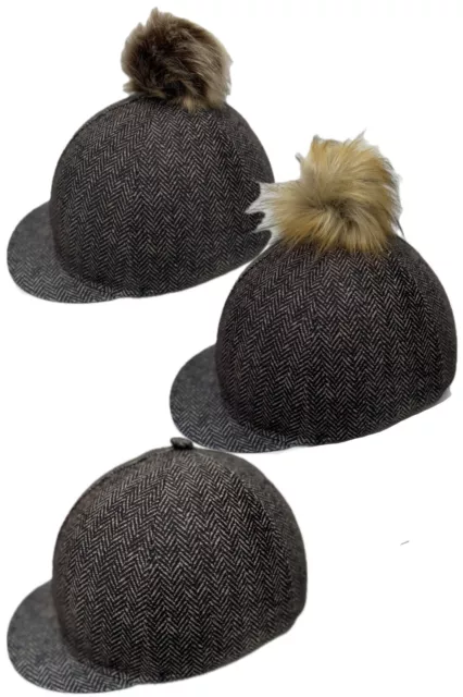 Tweed Dark Brown Black Hat Silk Lycra Riding Hat Cover with or without Pompom