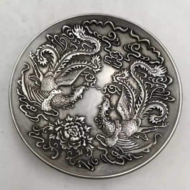 Exquisite Old Chinese tibet silver handcarved phoenix flower plate