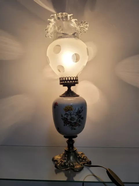 Lampada in vetro d'epoca, ottone e ceramica lume antico vintage antiquariato