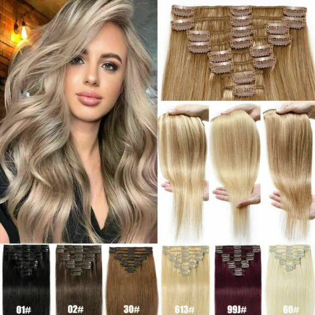 Double Weft Remy Clip in Human Hair Extensions Thick 8Pieces 120gr 16-24inch 12A