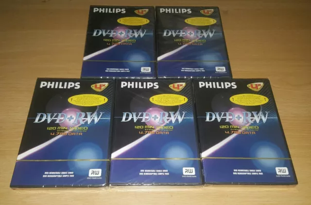 5 X PHILIPS DVD + RW Disc , 4.7GB data ( RW DVD+Rewritable ) New & Sealed