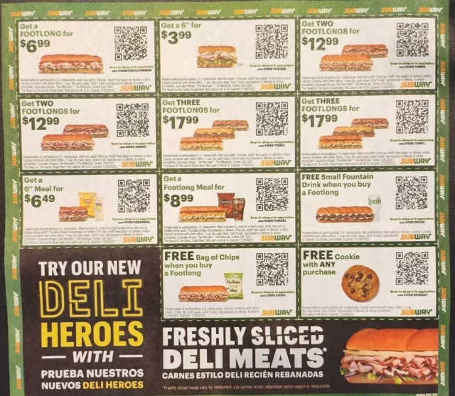 ⭐ SUBWAY COUPONS!!! 2X Sheets = 28 Coupons In All!!! Exp 12/31/23 ⭐ $2.00 -  PicClick