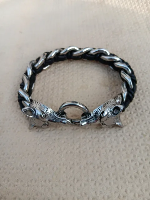 Stainless Steel Chain Braided Leather Double Wolf Head Cuff Bracelet Celtic