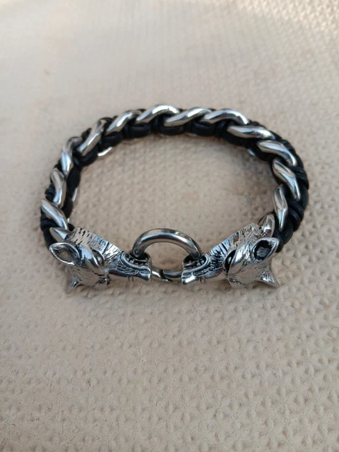 Stainless Steel Chain Braided Leather Double Wolf Head Cuff Bracelet Celtic