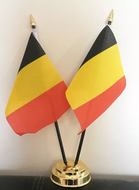 BELGIUM X2 TABLE FLAG SET 2 flags plus GOLDEN BASE BELGIAN