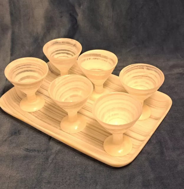 Vintage White Onyx Cordial/Liqueur Set Of 6 Shot Glasses And 8" Matching Tray