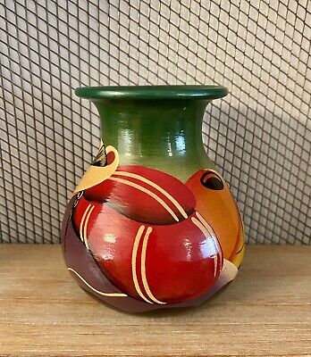 Peruvian Hand Painted Terracotta Vase. Vintage. Great Colors.
