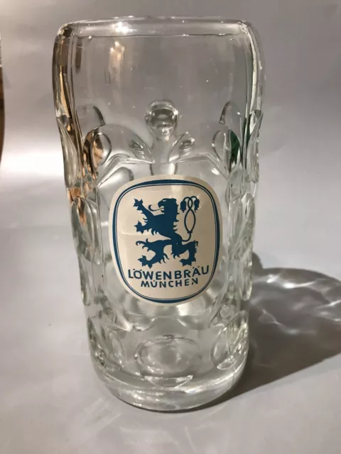 LOWENBRAU: 2 PINT / 1 LITRE German Beer Stein Glass Tankard Mug Metal Seal/Stamp