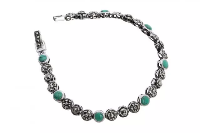 Argent Sterling Marcassite & Turquoise Déguisement Bracelet Lien